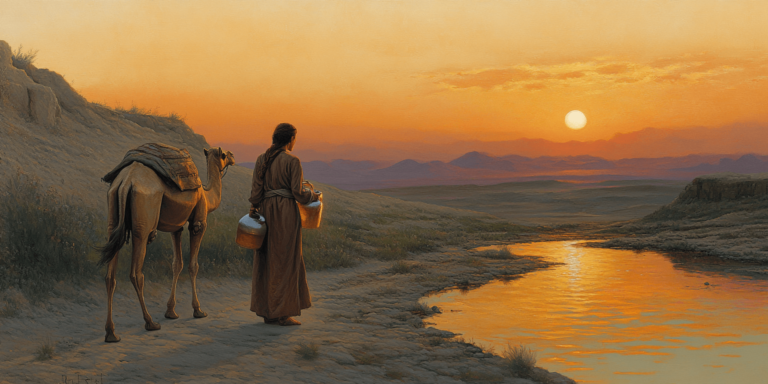 Gênesis 24 - Rebeca, carregando um cântaro de água, oferece água aos camelos do servo de Abraão