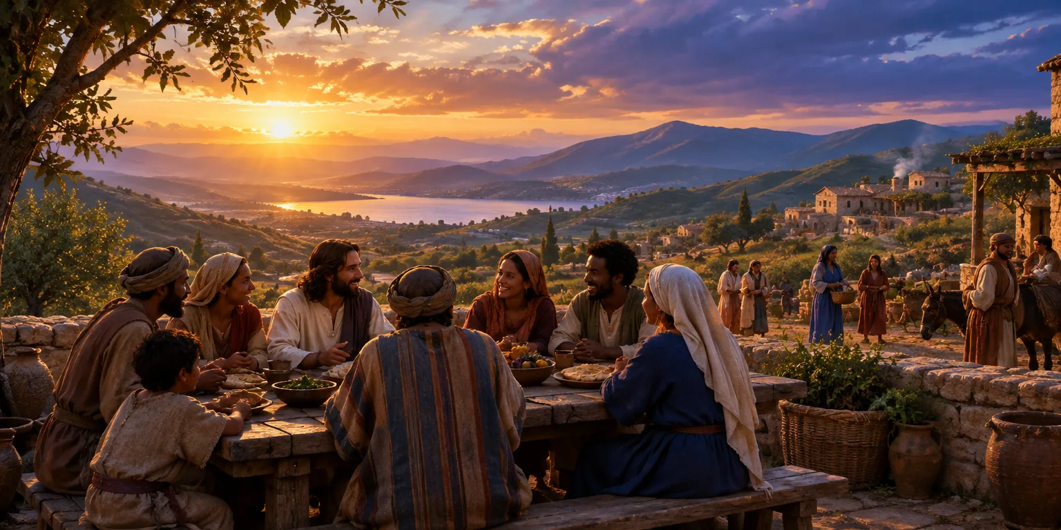Cena de um pôr do sol sereno em uma vila, onde pessoas compartilham comida e risadas, simbolizando amor e comunidade.