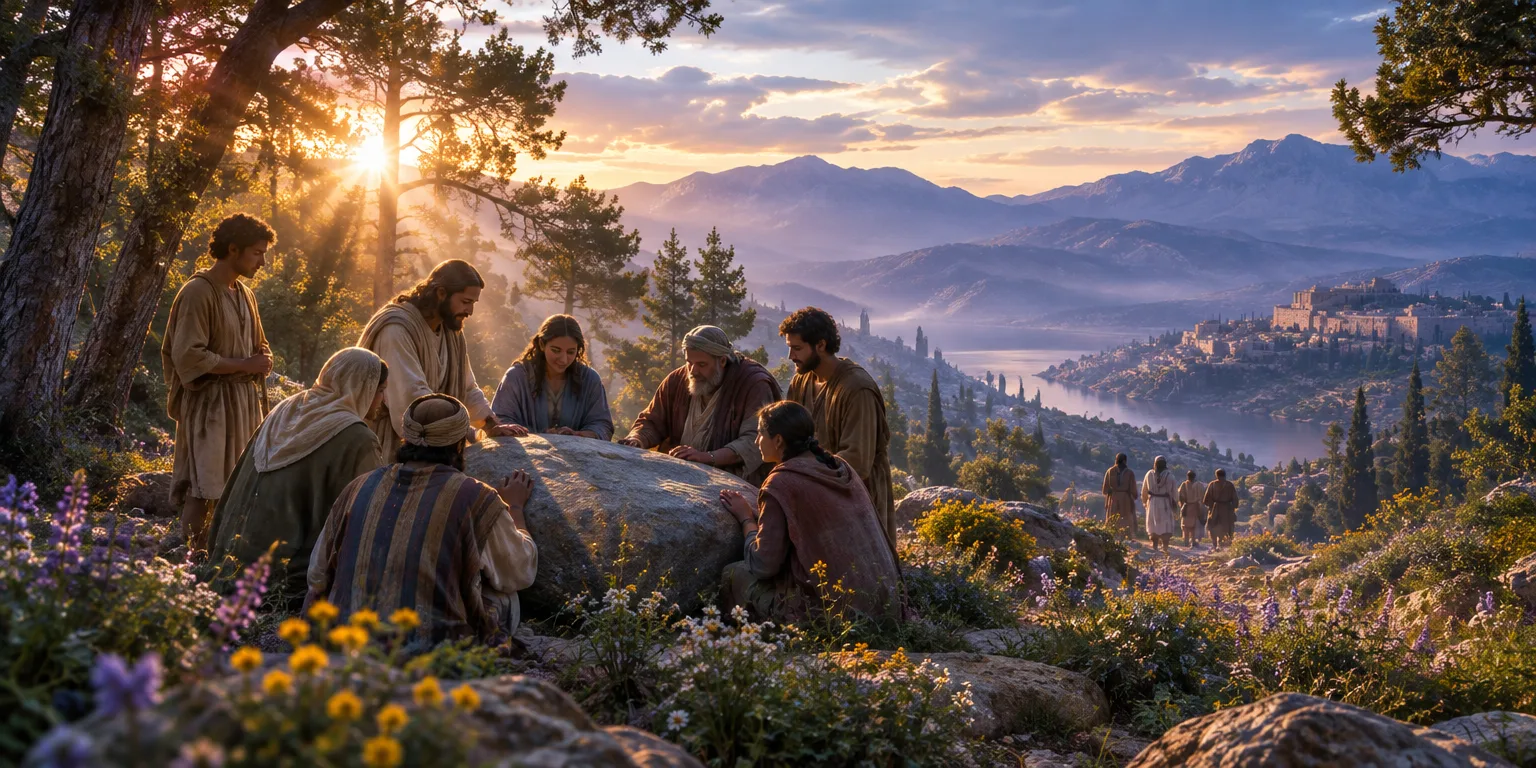 Grupo de pessoas reunidas em torno de uma grande pedra em uma floresta ao amanhecer, simbolizando crescimento espiritual.