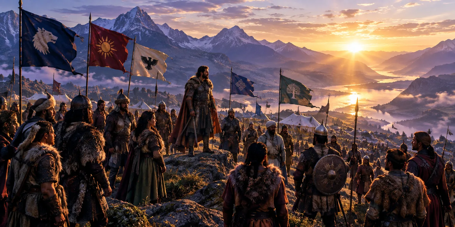 Guerreiros de diferentes tribos se reunindo ao redor de Davi ao amanhecer.