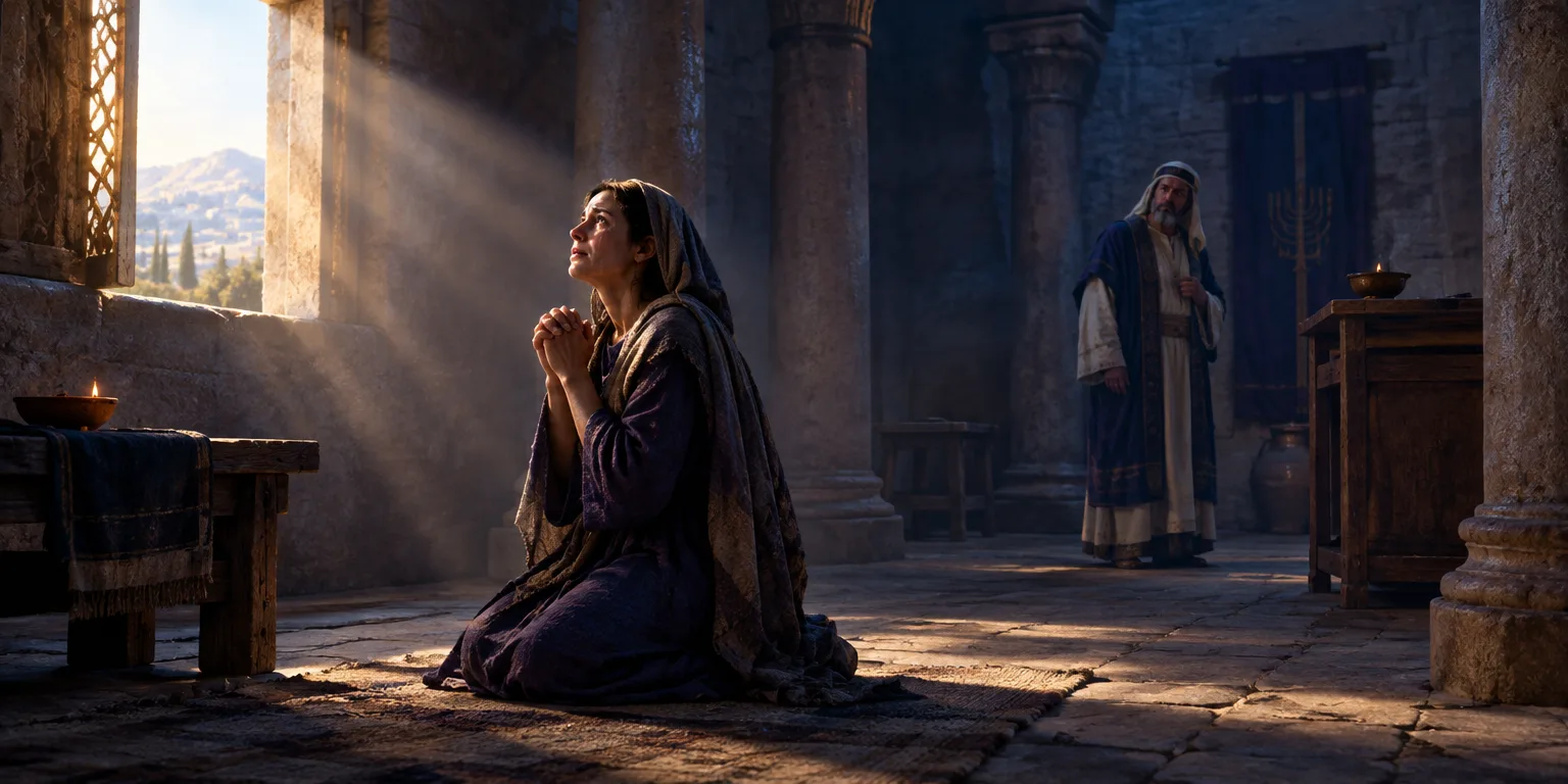 Ana orando fervorosamente no templo, em profunda emoção.