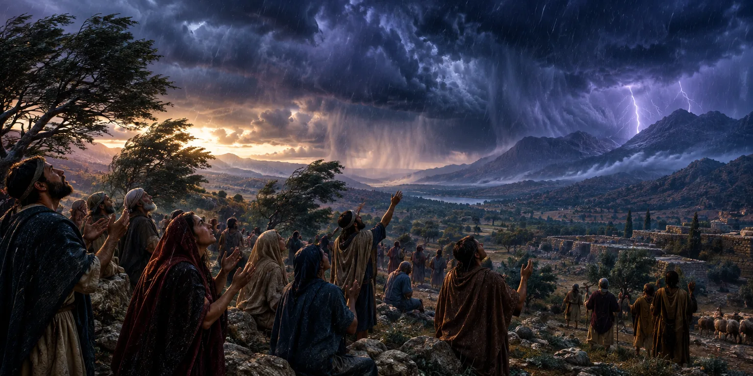 Grupo de israelitas clamando a Deus durante uma tempestade.