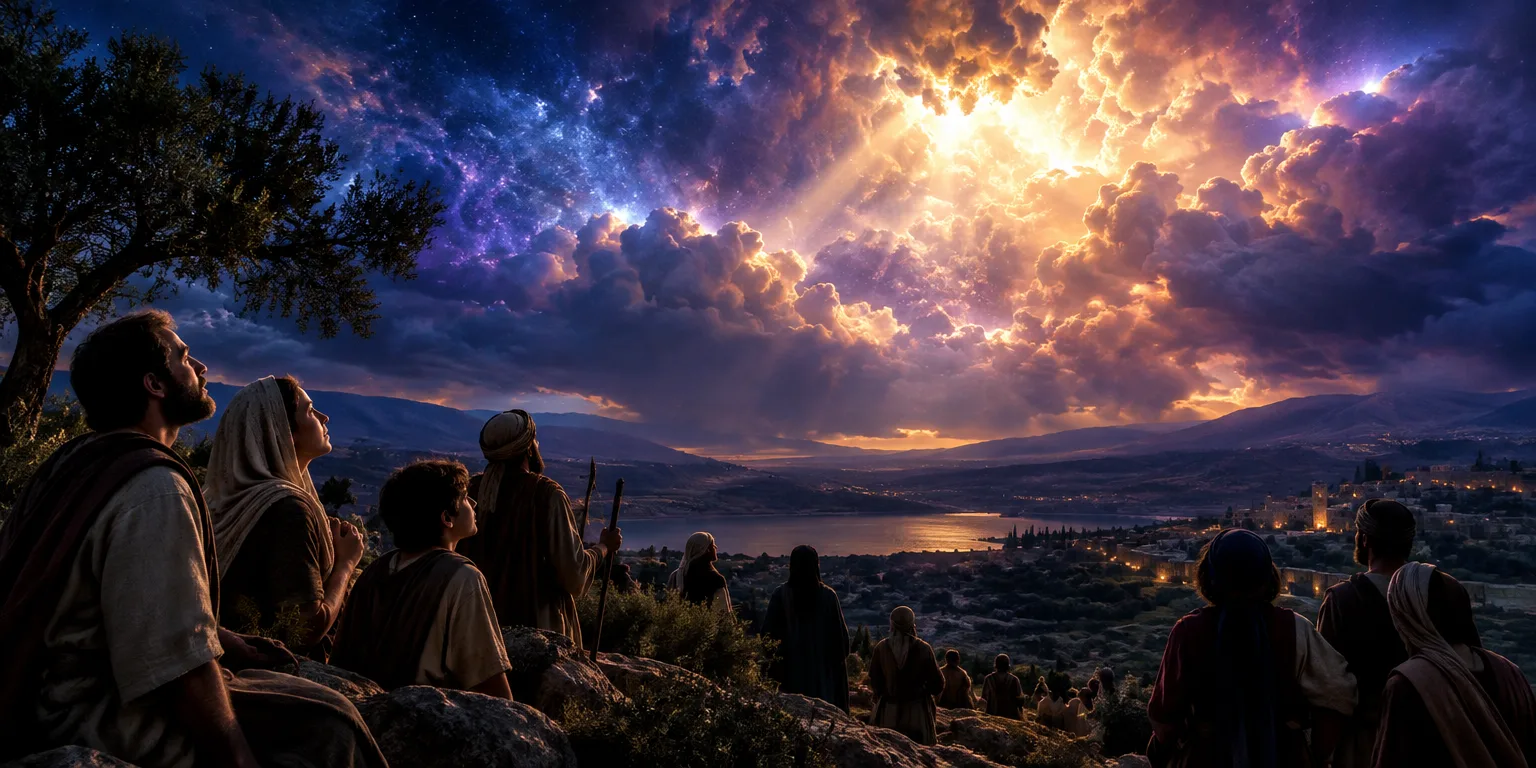 A céu noturno dramático iluminado por nuvens flamejantes, pessoas observando com esperança e expectativa.