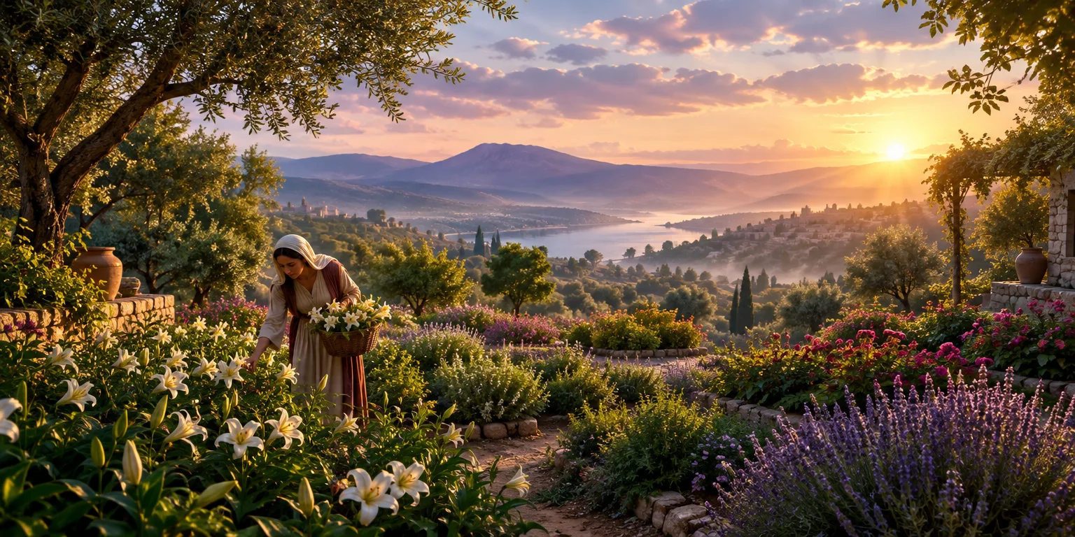 Uma figura caminhando em um jardim exuberante, colhendo lírios ao amanhecer.