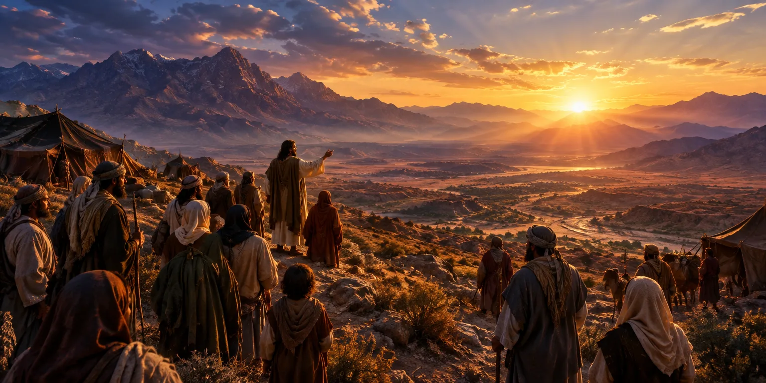 Moisés fala ao povo de Israel em um deserto ao pôr do sol.