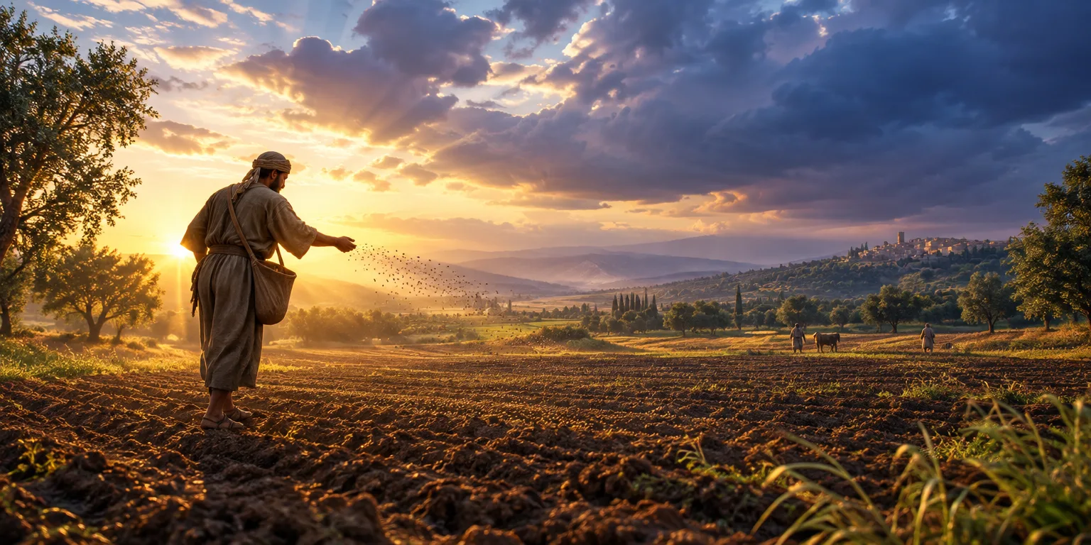 Um agricultor lançando sementes em um vasto campo ao amanhecer.