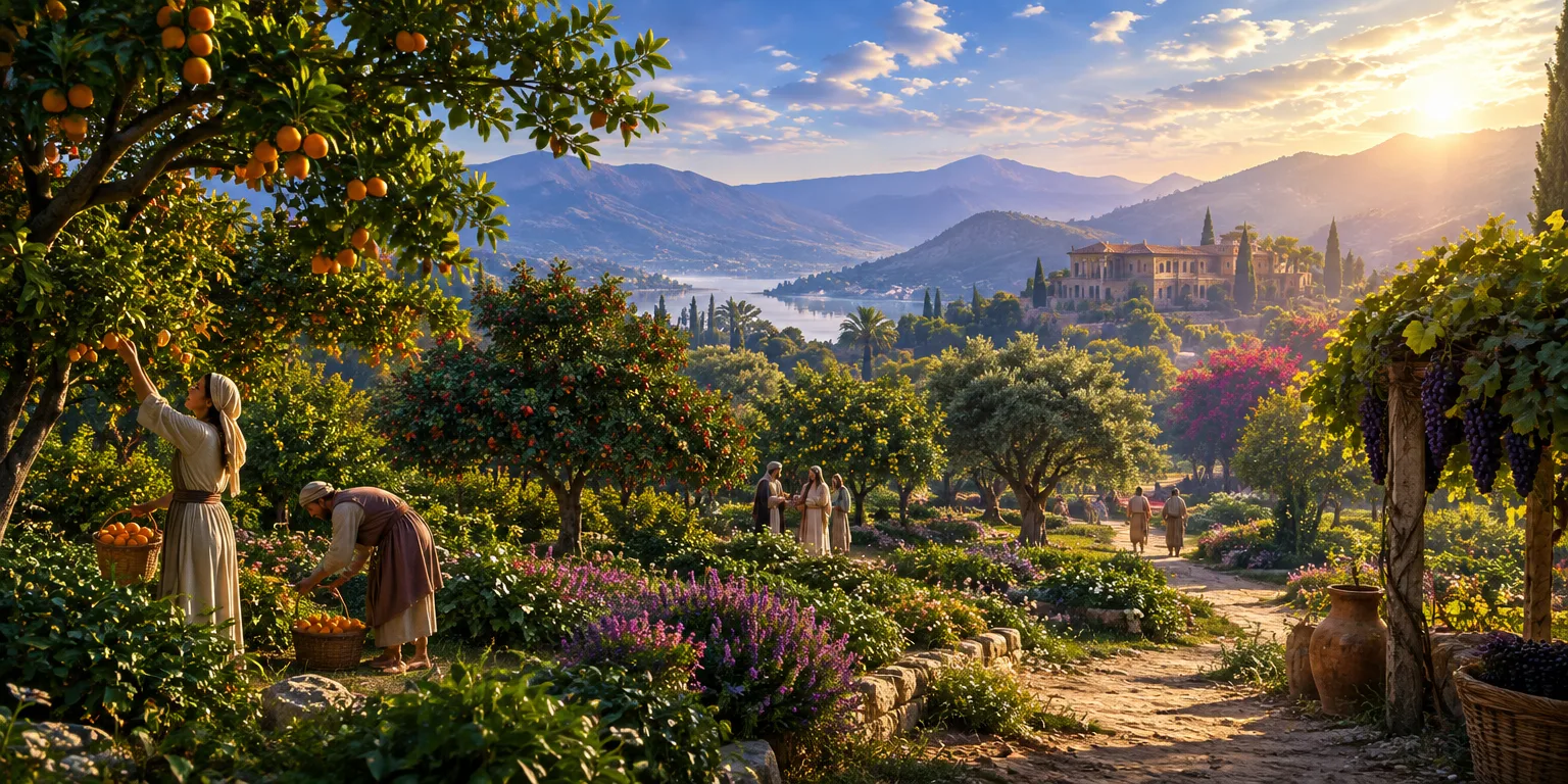 Um jardim exuberante com árvores frutíferas e flores coloridas, simbolizando a busca por satisfação.