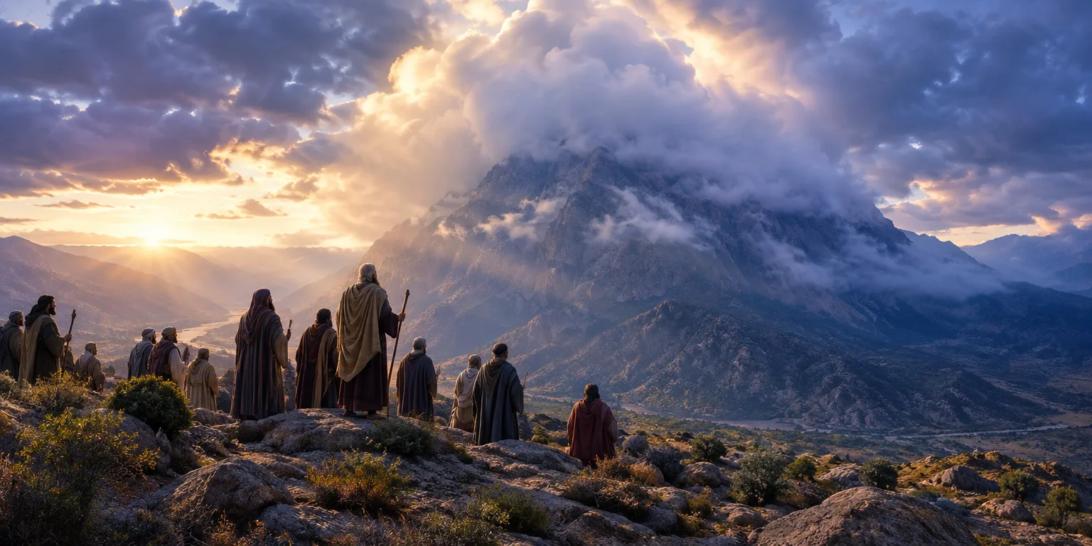 Moisés subindo o Monte Sinai, cercado por nuvens e líderes contemplativos ao fundo.