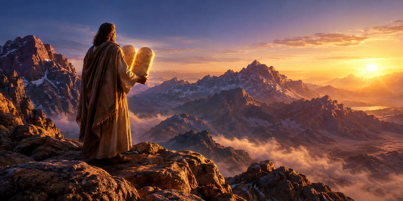 Figura segurando tábuas de pedra brilhantes no topo de uma montanha ao pôr do sol.