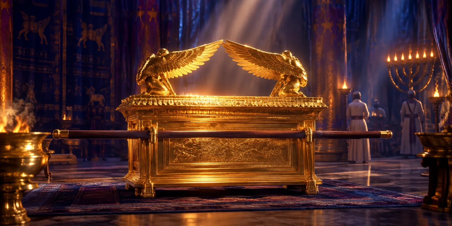 Arca da Aliança em uma sala sagrada, com querubins de ouro sobre ela.