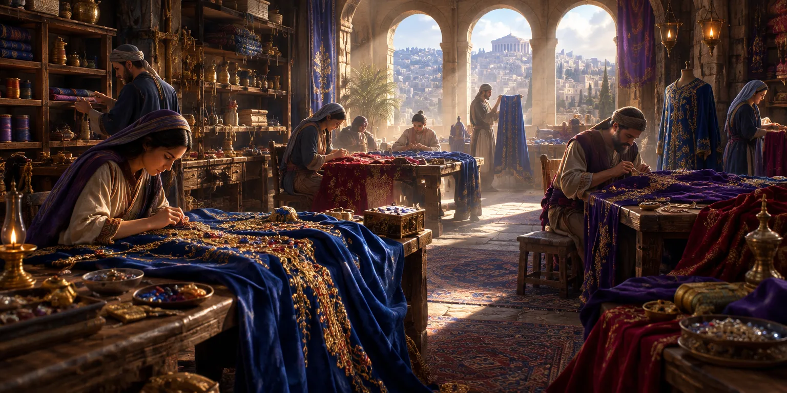 Artesãos criando as vestimentas sagradas com materiais preciosos.