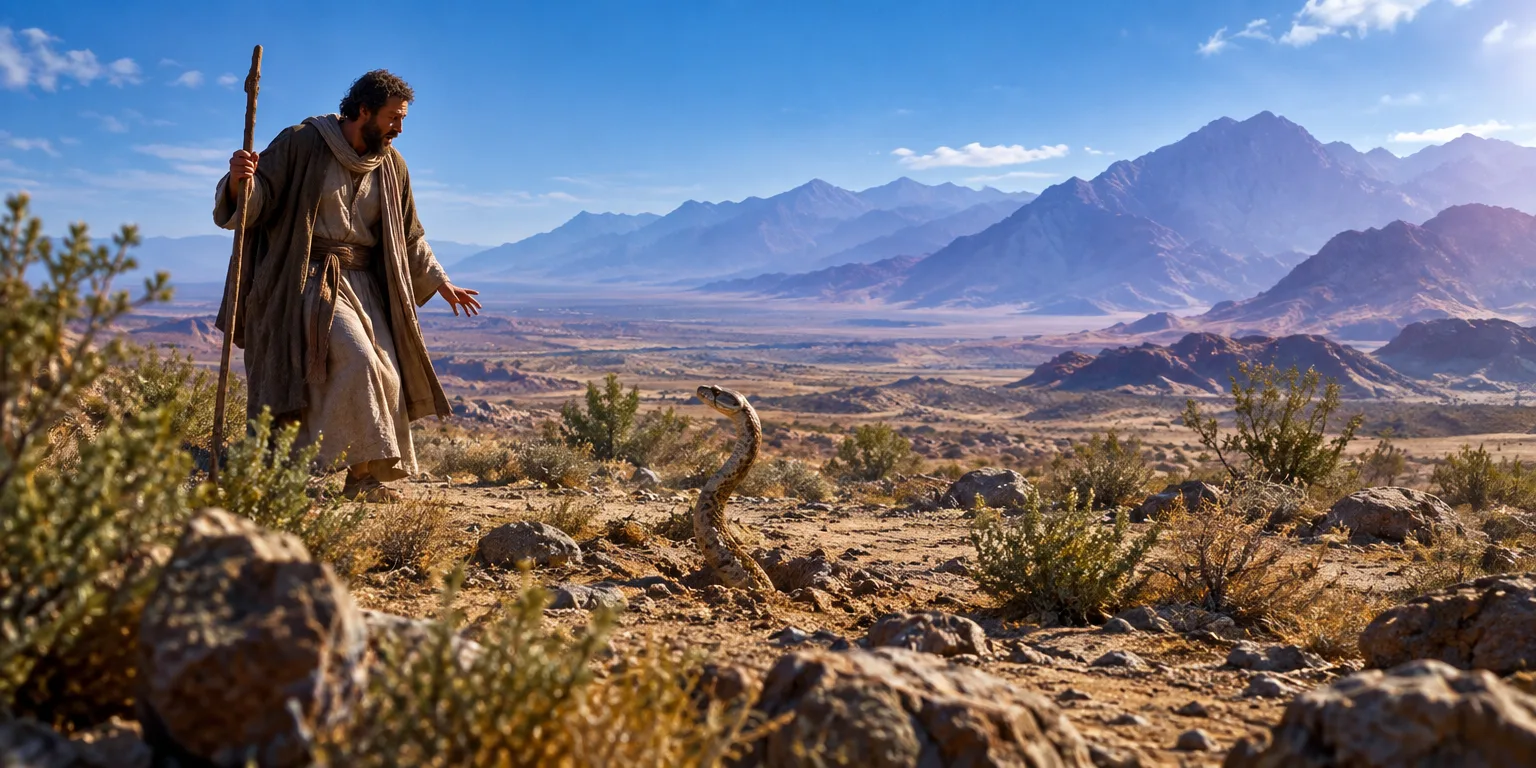 Moisés lança sua vara ao chão, que se transforma em cobra no deserto.
