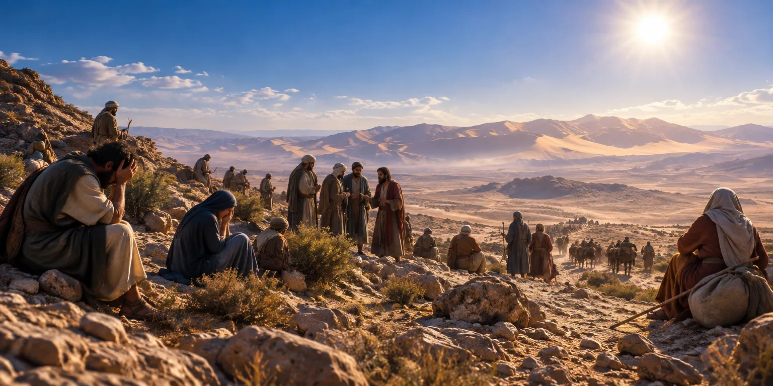 Povo de Israel no deserto, refletindo desânimo e desobediência.