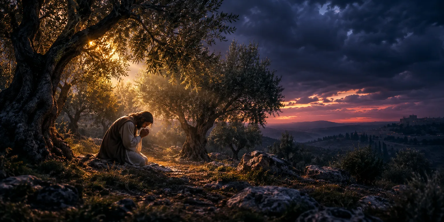 Jesus orando em agonia no Getsêmani, simbolizando sua luta e sacrifício.
