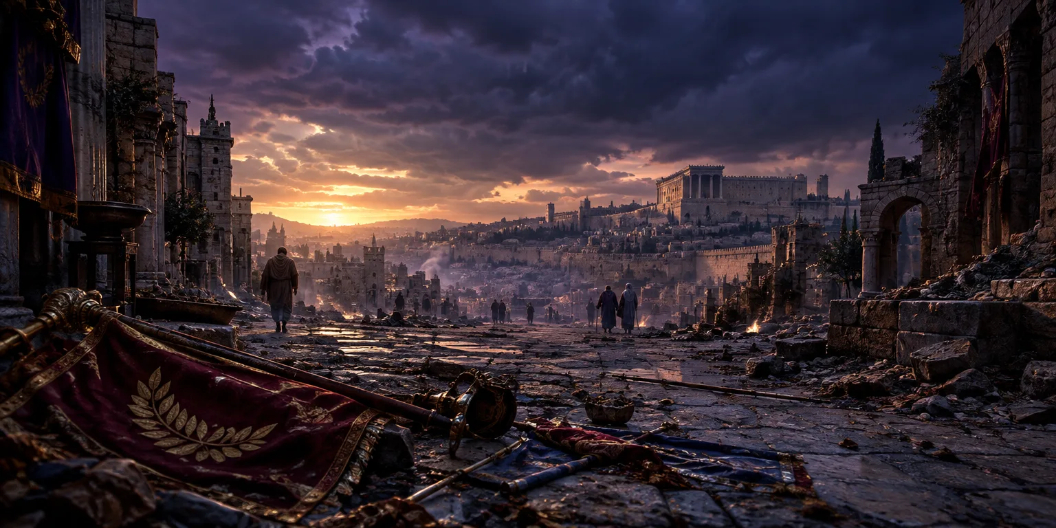 Cenário de Jerusalém desolada, com ruas vazias, prédios em ruínas e pessoas desanimadas.