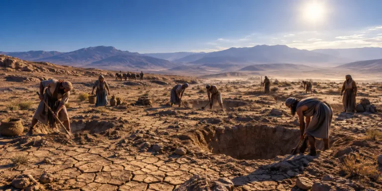 Povo no deserto cavando buracos em busca de água em terra seca.