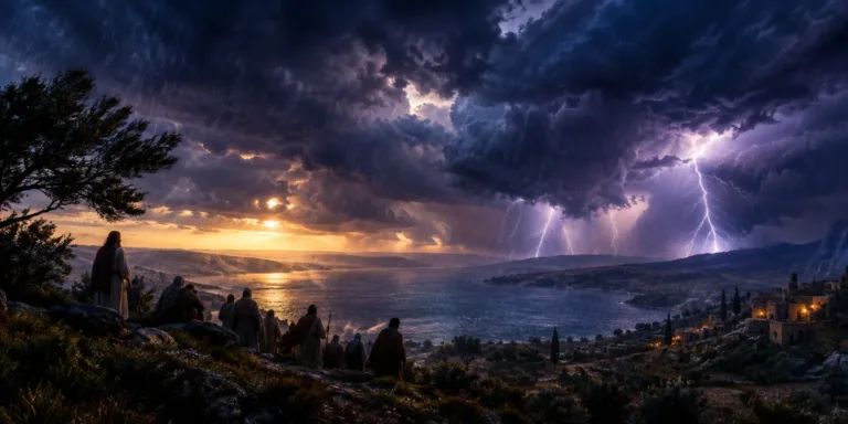 Tempestade com céu escuro e relâmpagos, simbolizando poder divino.