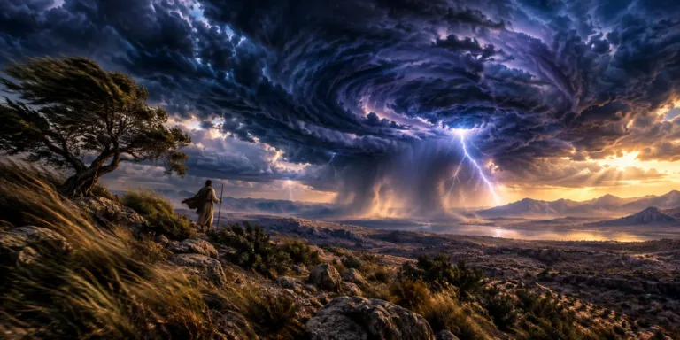 Deus fala a Jó a partir de um redemoinho em um céu tempestuoso.
