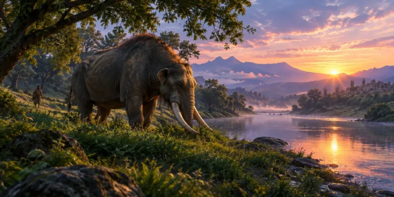 Beemote em um rio sereno ao amanhecer, simbolizando a força da criação.