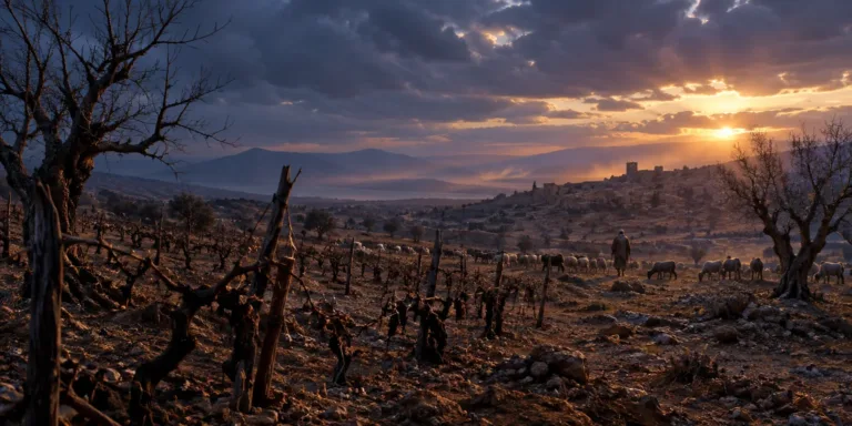 Imagem de um campo devastado e seco, com árvores e vinhedos mortos em um céu nublado.