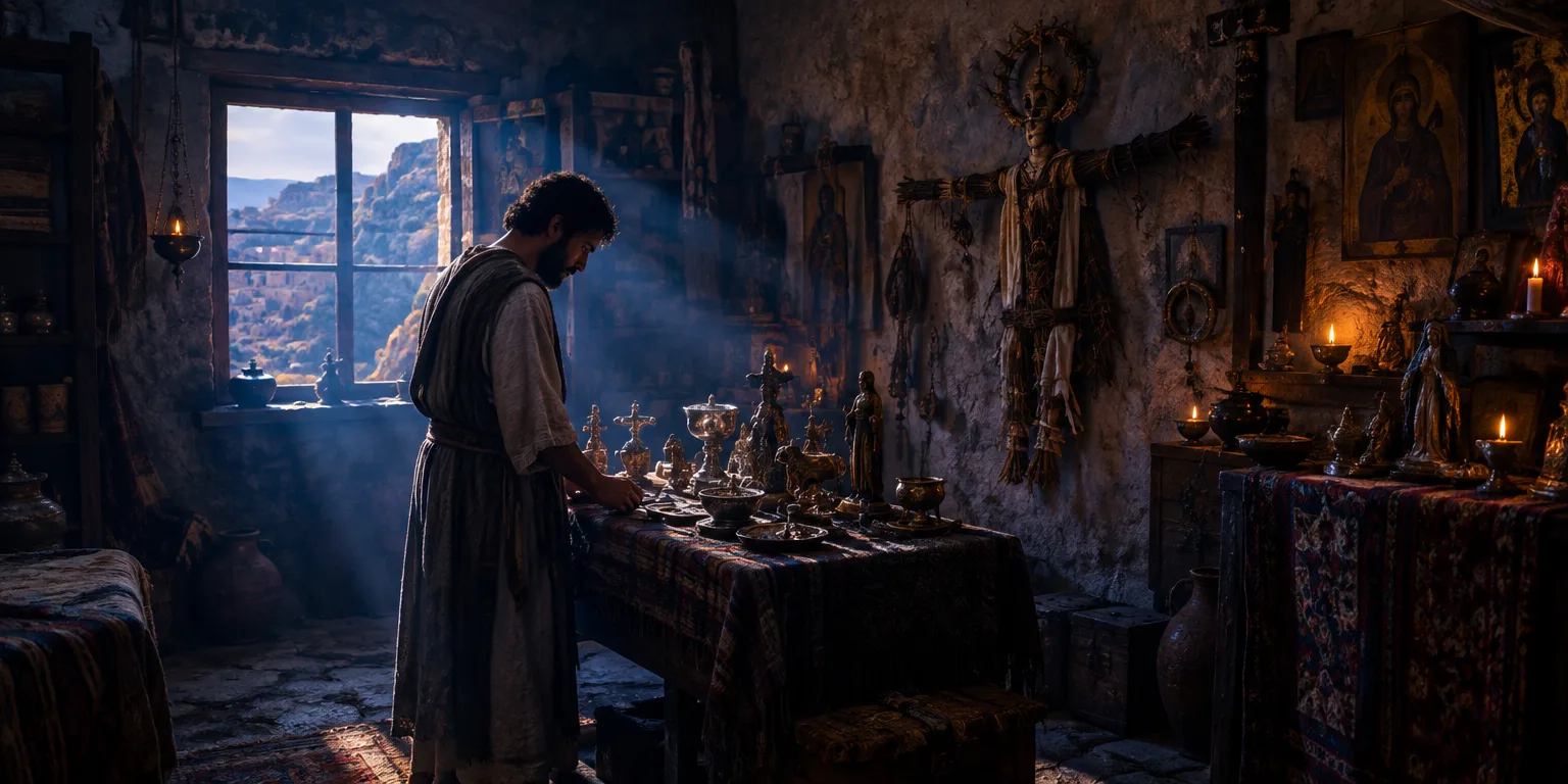 Mica em sua casa, cercado por ídolos e prataria, ilustra confusão espiritual.
