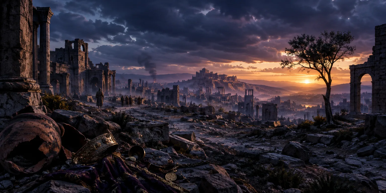 Imagem de uma cidade em ruínas simbolizando a devastação e desespero do povo.