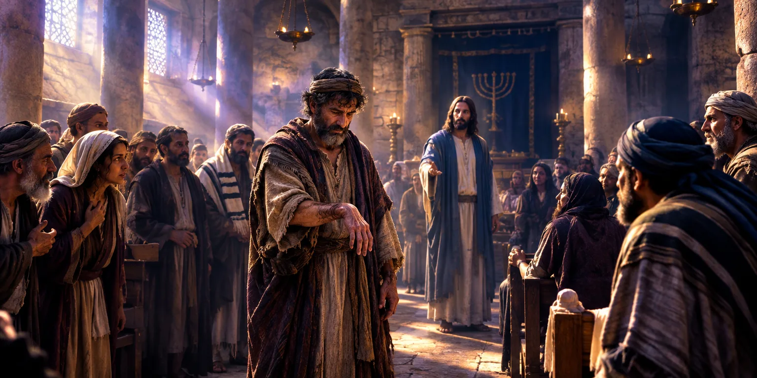 Jesus cura um homem com a mão definhada na sinagoga.