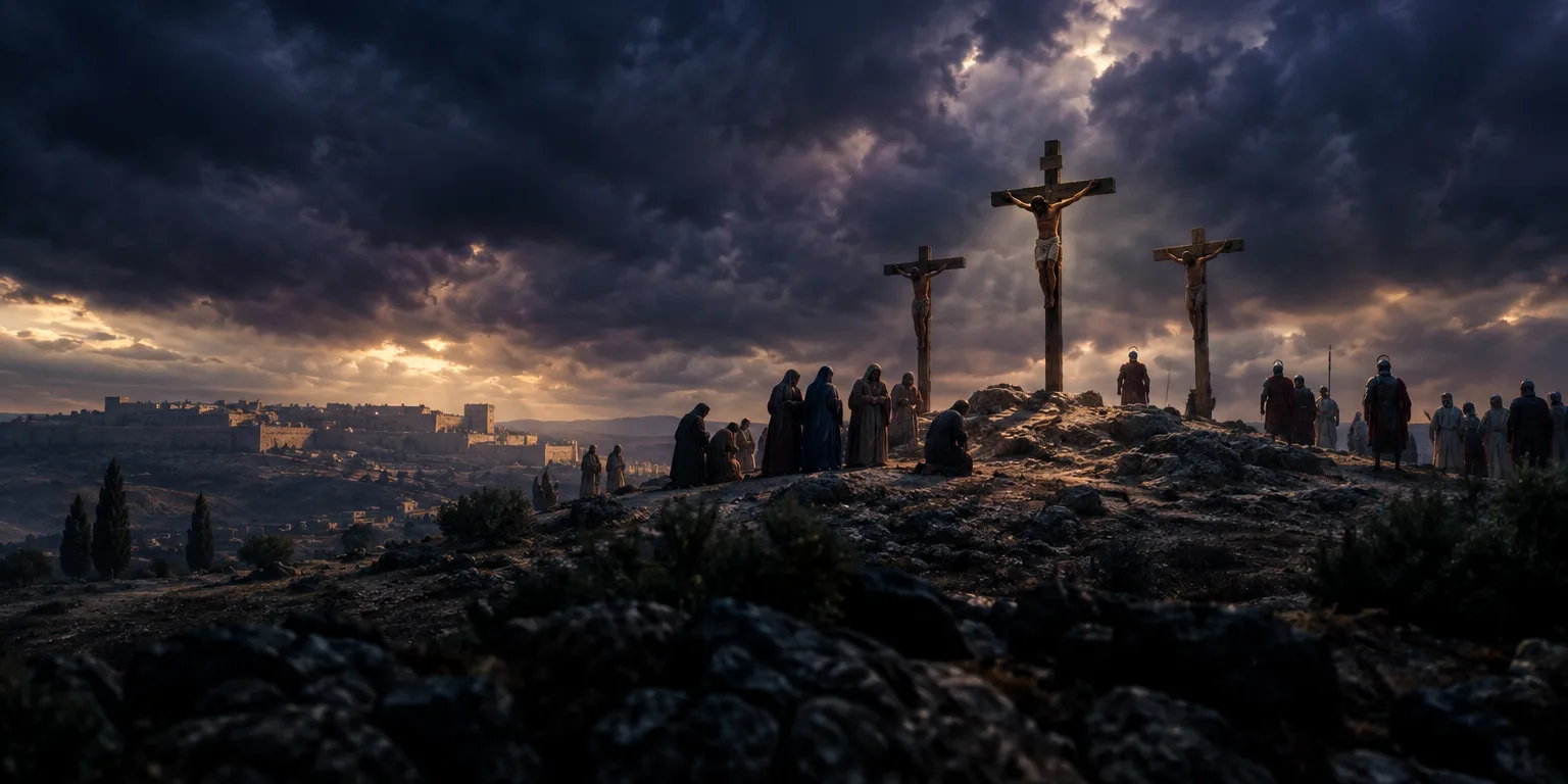 Crucificação de Jesus com figuras tristes observando de longe.