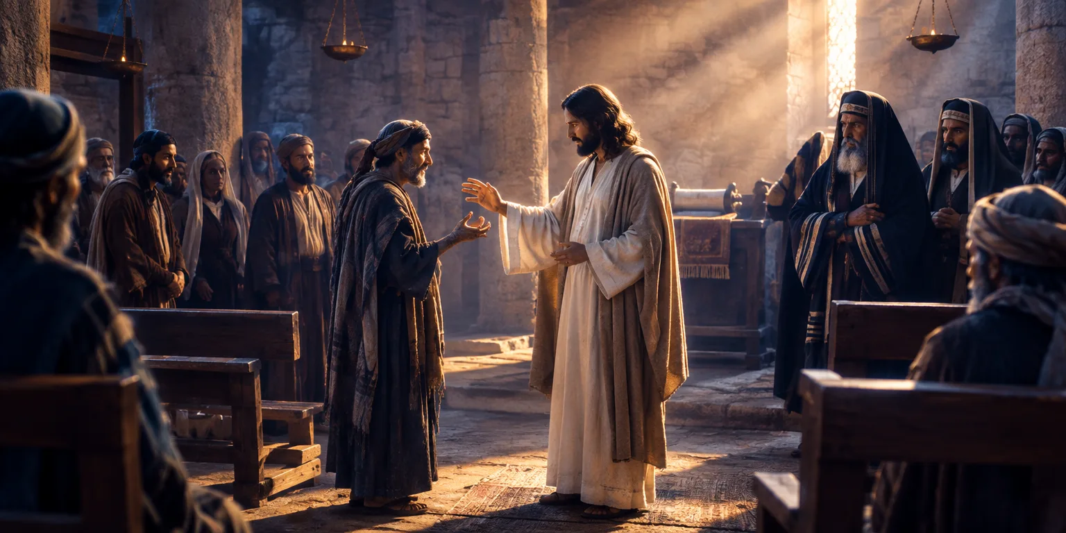 Cura do homem com a mão definhada na sinagoga, com Jesus e fariseus ao fundo.