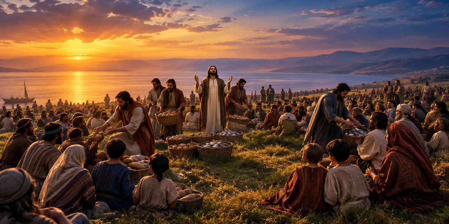 Jesus abençoa a multidão enquanto distribui pães e peixes em um ambiente sereno ao entardecer.