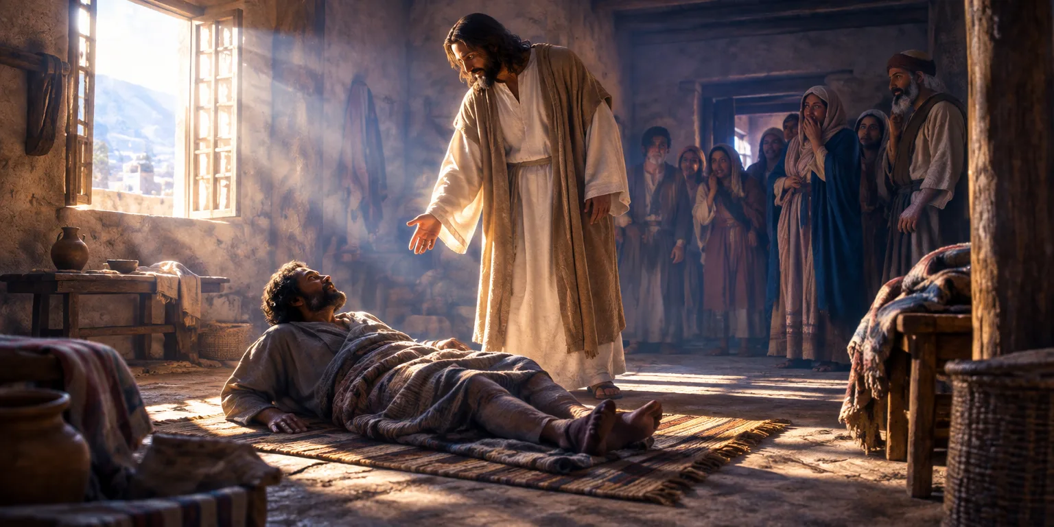 Jesus cura um paralítico em uma sala iluminada, com espectadores demonstrando espanto.