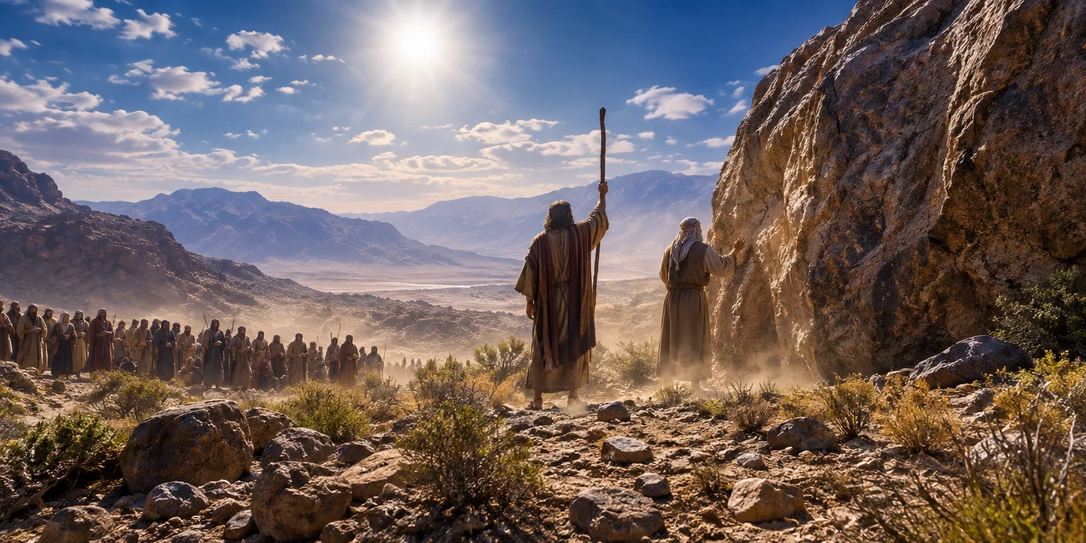 Moisés e Arão diante da rocha no deserto, prestes a chamar água. O povo observa ao fundo.