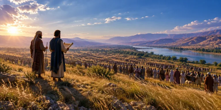 Moisés e Eleazar contando os israelitas nos campos de Moabe sob um céu azul.