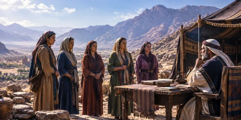 Cinco mulheres em pé diante de um líder no deserto, buscando justiça pela herança.