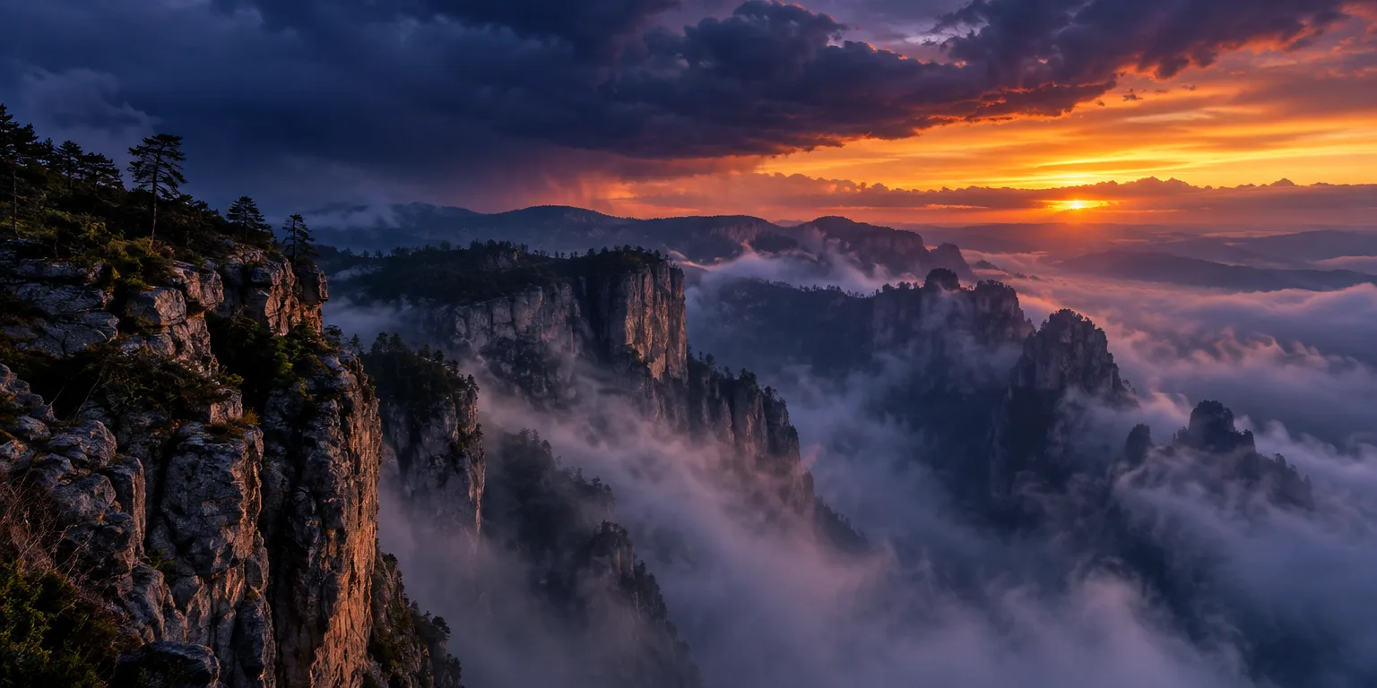 Uma paisagem de penhascos dramáticos ao pôr do sol, simbolizando a arrogância de Edom.