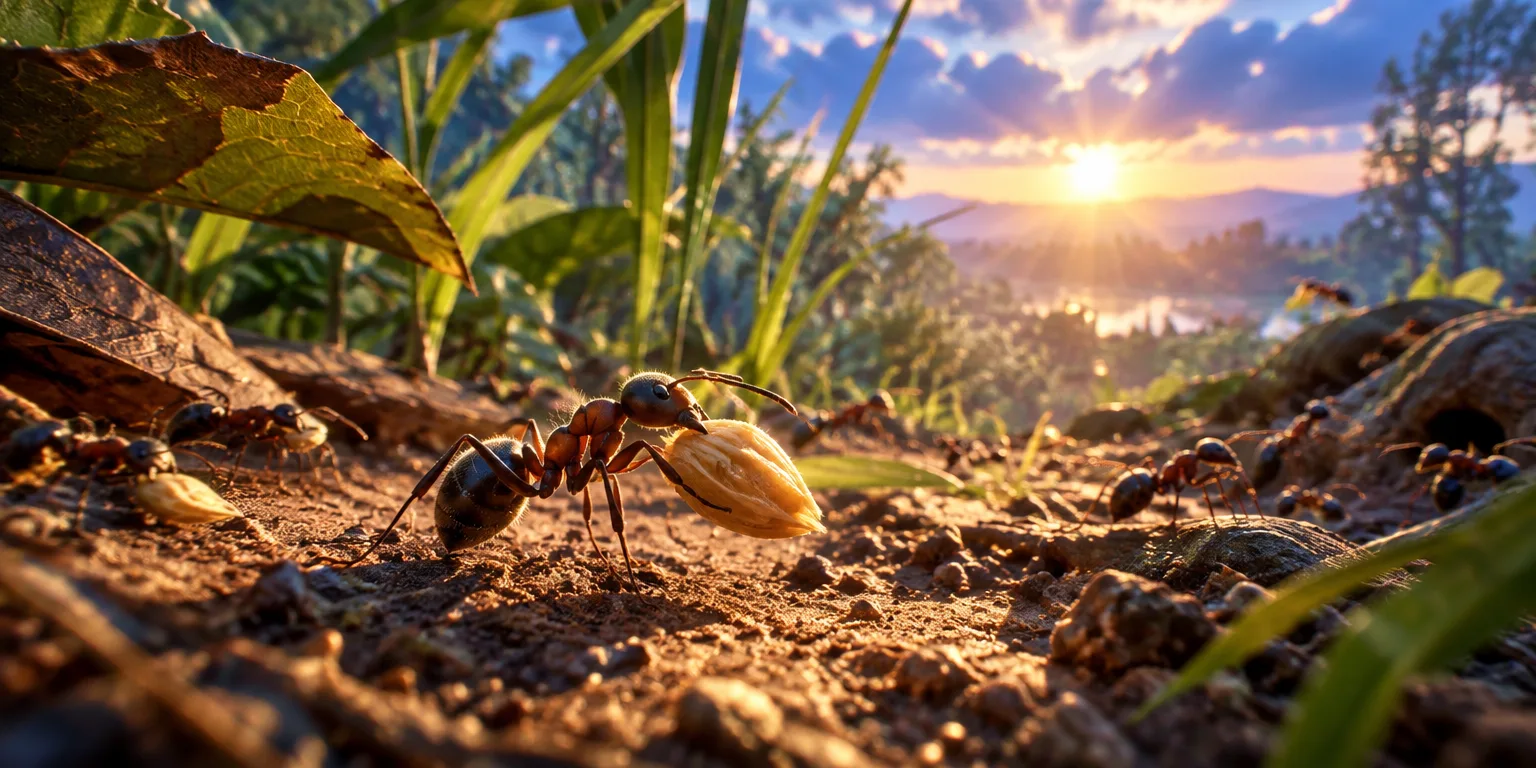 Formiga carregando alimento sob a luz do sol no verão, simbolizando diligência.