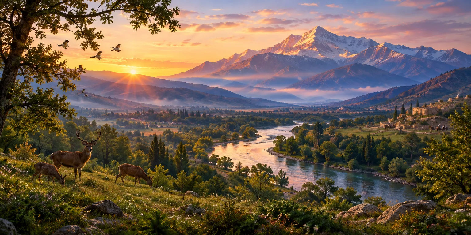 Cenário natural ao amanhecer, com montanhas e um rio, simbolizando a criação divina.