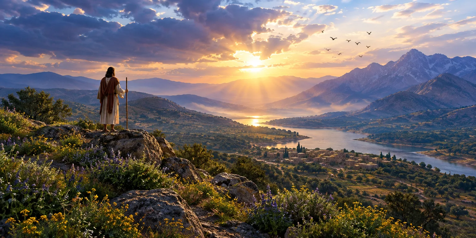 Davi em uma paisagem ao amanhecer, buscando orientação divina.