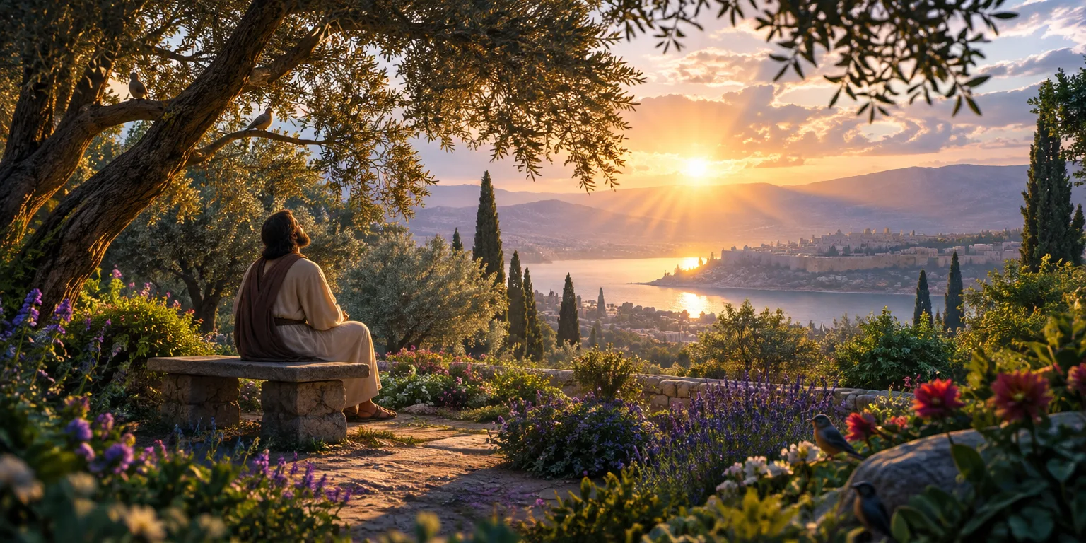 Davi em um jardim sereno, contemplando a luz do amanhecer e orando.