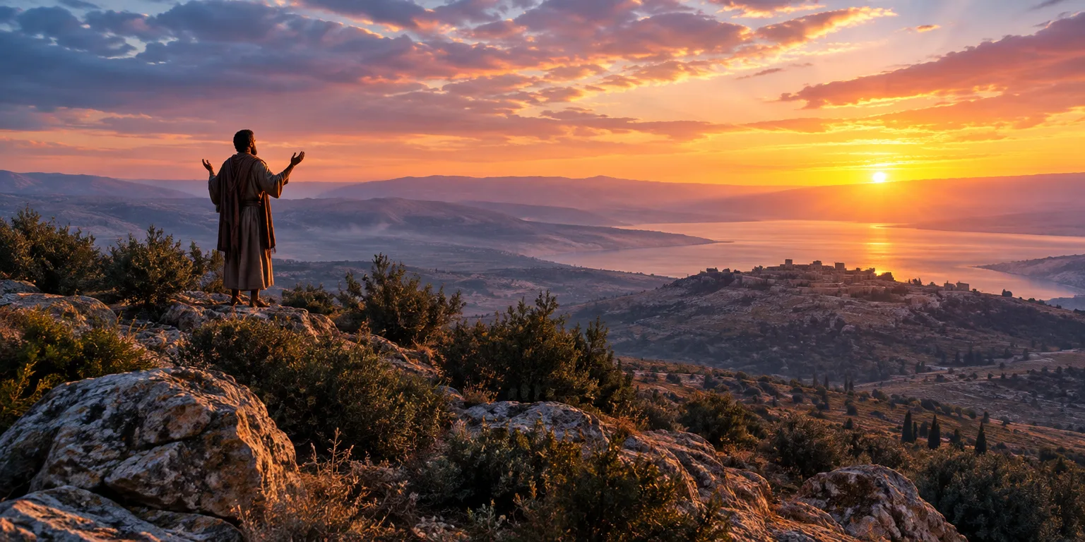Davi em uma paisagem rochosa ao amanhecer, clamando a Deus por ajuda.