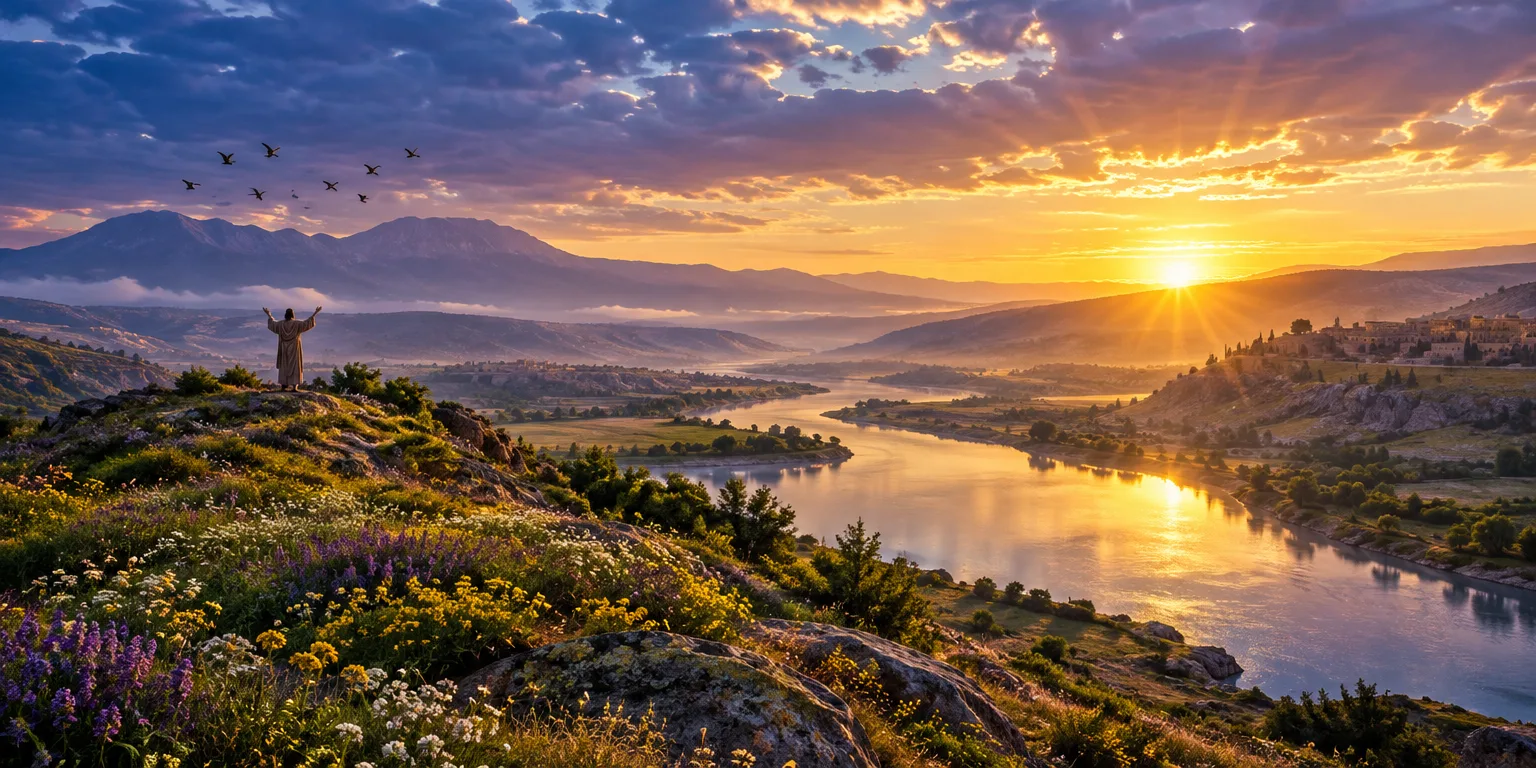 Um salmista louvando em uma paisagem natural ao amanhecer.