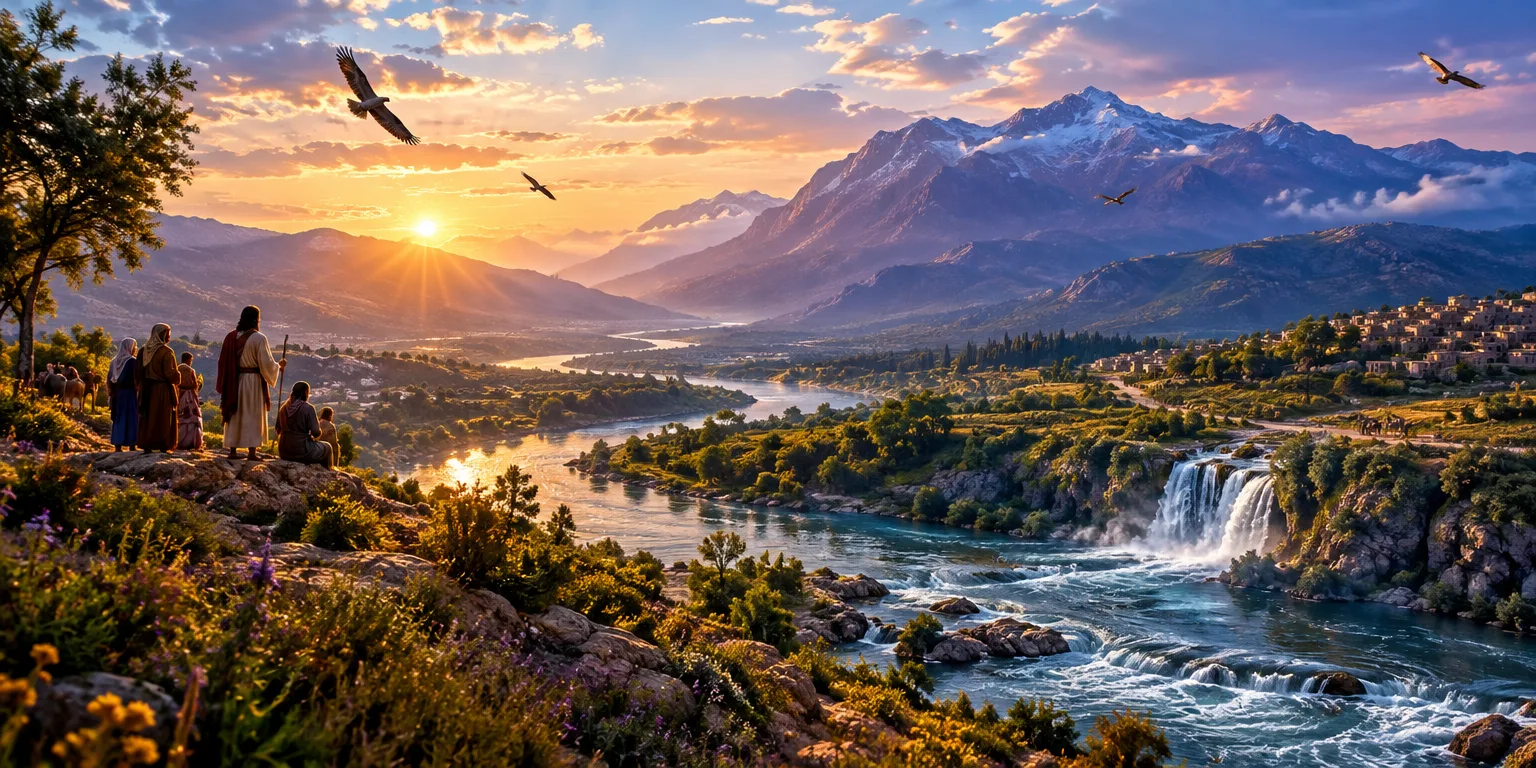 Cenário vibrante ao amanhecer com rios e montanhas alegres.