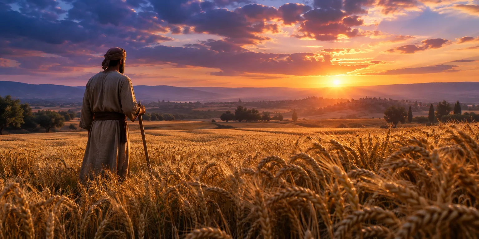 Um lavrador que observa seus campos dourados prontos para a colheita sob um céu ao pôr do sol.