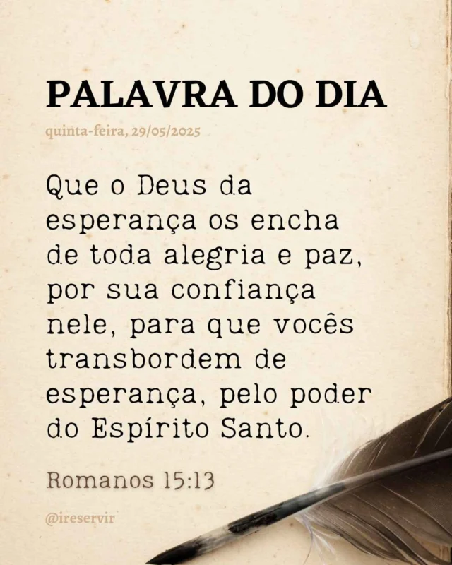 Deus da esperança, confesso que por vezes me deixo dominar pelo medo do futuro, esquecendo a promessa de Tua paz.

Perdoa minhas dúvidas e fortalece minha confiança em Ti.

Que eu possa sentir o poder do Teu Espírito em cada ato de fé, transbordando esperança e vivendo em plena alegria.

Comprometo-me a repousar em Tuas promessas.

Em nome de Jesus, amém.

❤️ Deus lhe trouxe aqui por um propósito.

📖 Com Ele, tudo é possível! (Marcos 10:27).

💎 Siga para mais palavras de encorajamento.

#palavradodia #ireservir #leiaabiblia #bibliaejiujitsu #palavradedeus #catolicos #oracao #jesuscChristoteama #reinodedeus #fe #bibliaonline #defesadoevangelho #jesuscTeama #jesuscChrist #esperança #dios #cristianos #deusdoimpossivel #iglejacatolica #versiculododia #deus #jesucristo #iglesia #faith #bibliadiaria #oracion