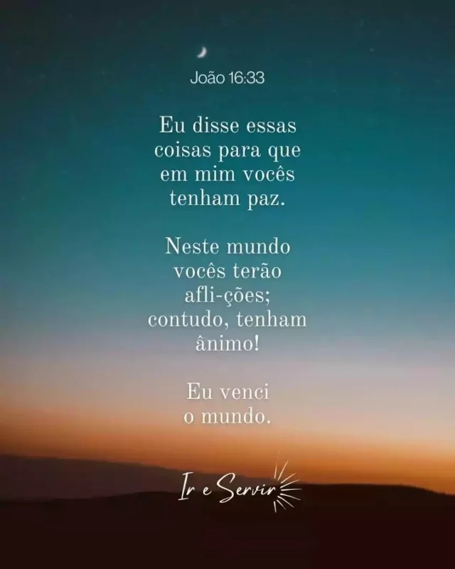 As palavras de Cristo, registradas aqui, estão entre as mais apreciadas no evangelho de João.

Esta declaração combina ensino, lembrança, advertência e encorajamento.

Tornar-se um cristão não garante uma vida fácil.

Na verdade, Jesus deixou claro que seguí-lo pode levar à perseguição (João 16:1-4).

A alegria dos cristãos nascidos de novo vem de saber que Cristo já obteve a vitória final, e nada neste mundo pode desfazer isso (Romanos 8:38-39).

Cristo deixou claro, antecipadamente, que tempos difíceis virão (João 15:20-21) e isto deve tranquilizar os cristãos: estas situações não pegam Deus de surpresa.

❤️ Deus lhe trouxe aqui por um propósito

📖 Com Ele, tudo é possível! (Marcos 10:27)

💎 Siga para mais palavras de encorajamento

#ireservir #bíbliadeestudo #versiculobiblico #palavradedeus #god #deuspoderoso #bibliajovem #deusnocontrolesempre #bibliadeestudio #defesadoevangelho #cristão #alegria #teologia #catolico #deusacimadetudo #bibliadamulher #vida #jesusestavoltando #love #felicidade #biblianvt #iglesia #deusacimadetodos #sucesso #diosesfiel #cristianismo #motiva #gratidao