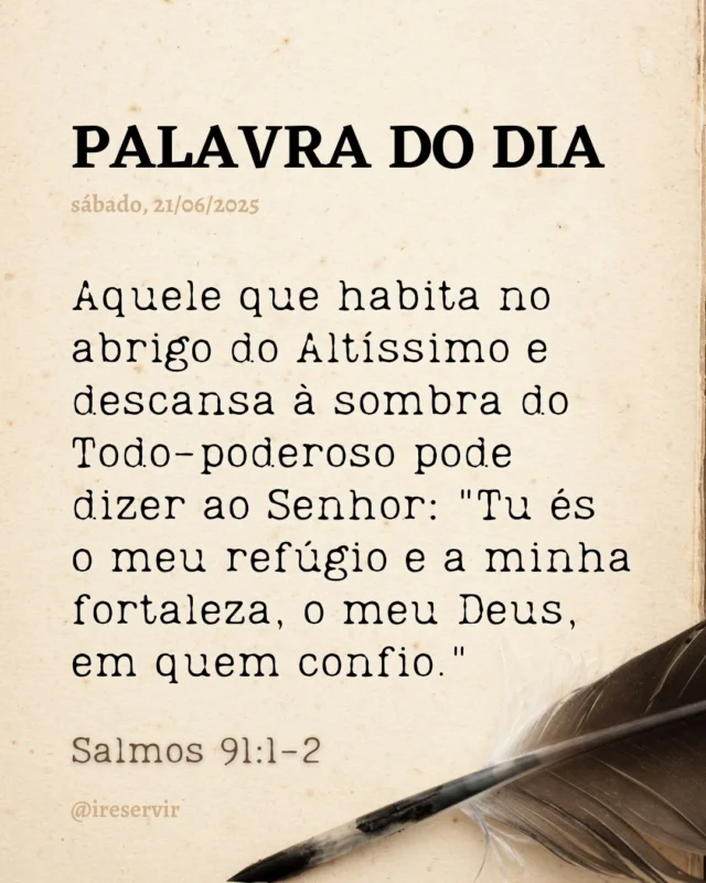 Senhor Altíssimo, reconhecemos que por vezes buscamos segurança na nossa própria força e esquecemos de habitar em Ti.

Perdoa-nos por sair do teu abrigo e nos expor ao medo.

Tu és o nosso refúgio e fortaleza; queremos permanecer sob a tua sombra protetora.

Guarda-nos de todo mal e fortalece nossa confiança na tua proteção.

Comprometemo-nos a fazer de Ti nossa morada segura todos os dias.

Em nome de Jesus, amém.

❤️ Deus lhe trouxe aqui por um propósito.

📖 Com Ele, tudo é possível! (Marcos 10:27).

💎 Siga para mais palavras de encorajamento.

#palavradodia #ireservir #Worship #LouvorAoSenhor #JesusCristo #GlóriaDeDeus #Testemunho #MúsicaGospel #VidaCristã #GraçaDeDeus #JesusSalva #EsperançaEmCristo #PalavraDeDeus #FéSobreMedo #Avivamento #FamíliaCristã #SeguidorDeCristo #JovensPorCristo #DeusÉBom