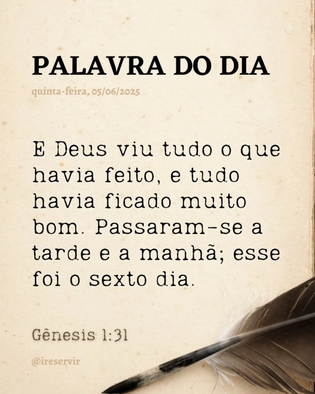 Senhor, reconhecemos que nem sempre apreciamos a tua criação e às vezes reclamamos em vez de agradecer.

Perdoa nossa ingratidão.

Obrigado porque tudo o que fazes é bom.

Ajuda-nos a enxergar tua bondade em cada detalhe ao nosso redor.

Comprometemo-nos a viver com gratidão e a cuidar do que nos confiaste.

Em nome de Jesus, amém.

❤️ Deus lhe trouxe aqui por um propósito.

📖 Com Ele, tudo é possível! (Marcos 10:27).

💎 Siga para mais palavras de encorajamento.

#palavradodia #ireservir #JesusSalva #EsperançaEmCristo #VidaCristã #FamíliaCristã #ReinoDeDeus #Bênção #GuerraEspiritual #JesusCristo #DeusEsBueno #LíderDeLouvor #NoiteDeAdoração #Devocional #VidaNaIgreja #Graça