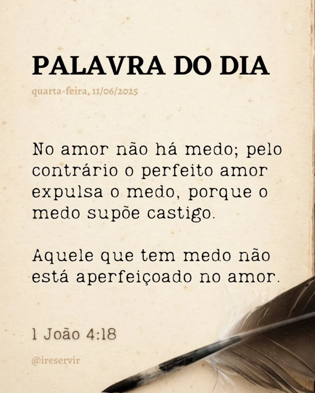 Pai de amor, confessamos que muitas vezes deixamos o medo controlar nossas atitudes.

Perdoa-nos por esquecer que teu perfeito amor nos dá segurança.

Enche-nos do teu amor, de modo que o medo não tenha lugar em nós.

Ajuda-nos a lembrar que em Cristo somos teus filhos amados e livres da condenação.

Comprometemo-nos a viver confiantes no teu amor, rejeitando o medo.

Em nome de Jesus, amém.

❤️ Deus lhe trouxe aqui por um propósito.

📖 Com Ele, tudo é possível! (Marcos 10:27).

💎 Siga para mais palavras de encorajamento.

#palavradodia #ireservir #ReinoDeDeus #VidaCristã #JesusCristo #Gratidão #GuerraEspiritual #EsperançaEmCristo #LouvorAoSenhor #MúsicaGospel #JesusSalva #AmorDeDeus #Bênção #Adoração #Salvação #DiosEsFiel #CulturaDoReino #Devocional #CentradoEmCristo #PalavraDeDeus #SeguidorDeCristo