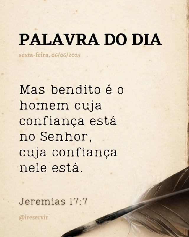 Senhor Deus, confessamos que muitas vezes colocamos nossa confiança em coisas ou pessoas ao invés de em Ti.

Perdoa nossa falta de fé.

Ajuda-nos a confiar em Ti de todo o coração, lembrando que és nossa fonte de segurança.

Decidimos depender da tua fidelidade e viver pela fé em cada situação.

Em nome de Jesus, amém.

❤️ Deus lhe trouxe aqui por um propósito.

📖 Com Ele, tudo é possível! (Marcos 10:27).

💎 Siga para mais palavras de encorajamento.

#palavradodia #ireservir #VersículoDaBíblia #MúsicaGospel #AmorDeDeus #Oração #CulturaDoReino #FéSobreMedo #EsperançaEmCristo #DiosTeAma #PalavraDeDeus #JesusCristo #JovensPorCristo #Missionário #JesusSalva #Devocional #Evangelismo #GlóriaDeDeus #DeusNoControle #EstudoBíblico