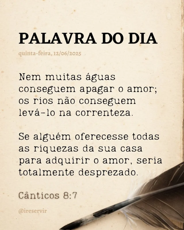 Senhor, por vezes buscamos valor em riquezas ou deixamos que as lutas esfriem nosso amor.

Confessamos que não valorizamos teu amor como deveríamos; perdoa-nos por trocar o essencial pelo superficial.

Enche-nos com teu amor inabalável e eterno.

Ajuda-nos a amar como Tu amas, dando valor ao que realmente importa.

Comprometemo-nos a guardar esse amor em nosso coração acima de tudo.

Em nome de Jesus, amém.

❤️ Deus lhe trouxe aqui por um propósito.

📖 Com Ele, tudo é possível! (Marcos 10:27).

💎 Siga para mais palavras de encorajamento.

#palavradodia #ireservir #Devocional #JesusCristo #VidaCristã #JesusSalva #Worship #Fé #DeusÉBom #FéSobreMedo #SalvoPelaGraça #VivendoParaCristo #EsperançaEmCristo #GraçaDeDeus #LouvorAoSenhor #GlóriaDeDeus #DiosEsBueno #VidaNaIgreja